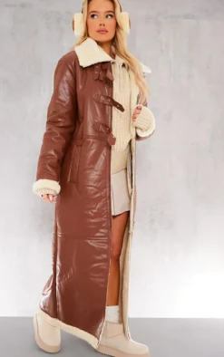 PrettyLittleThing Aviator Jackets*Faux Leather Longline Aviator Belt Detail Coat