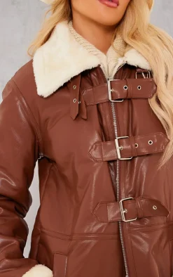 PrettyLittleThing Aviator Jackets*Faux Leather Longline Aviator Belt Detail Coat
