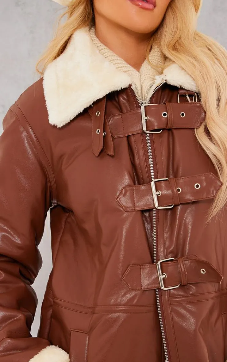 PrettyLittleThing Aviator Jackets*Faux Leather Longline Aviator Belt Detail Coat