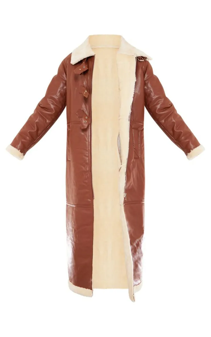 PrettyLittleThing Aviator Jackets*Faux Leather Longline Aviator Belt Detail Coat