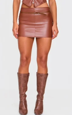 Sale PrettyLittleThing Faux Leather Micro Mini Skirt Brown