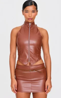 Sale PrettyLittleThing Faux Leather Micro Mini Skirt Brown