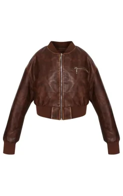 PrettyLittleThing Bomber Jackets*Faux Leather Mottled Texture Zip Detail Bomber Jacket