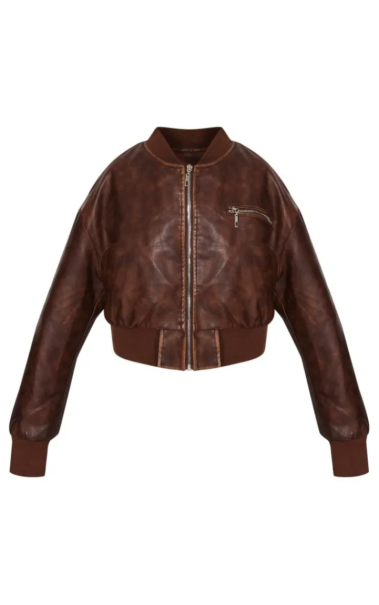 PrettyLittleThing Bomber Jackets*Faux Leather Mottled Texture Zip Detail Bomber Jacket