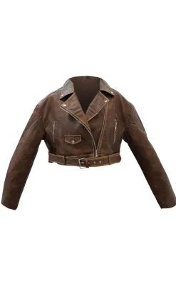 PrettyLittleThing Faux Leather Jackets*Faux Leather Mottled Texture Belted Hem Biker Jacket