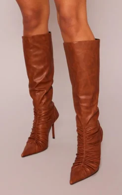 PrettyLittleThing Knee High Boots*Faux Leather Ruched Detail Knee High Boots