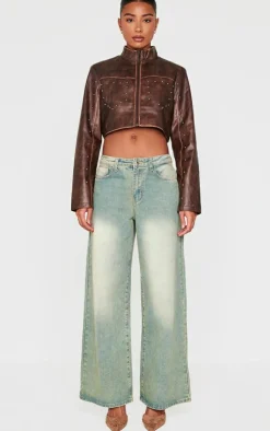 PrettyLittleThing Faux Leather Jackets*Faux Leather Studded Cropped Jacket