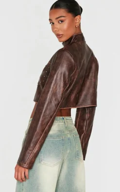 PrettyLittleThing Faux Leather Jackets*Faux Leather Studded Cropped Jacket
