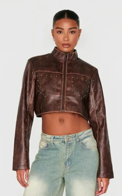 PrettyLittleThing Faux Leather Jackets*Faux Leather Studded Cropped Jacket