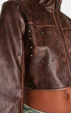 PrettyLittleThing Faux Leather Jackets*Faux Leather Studded Cropped Jacket