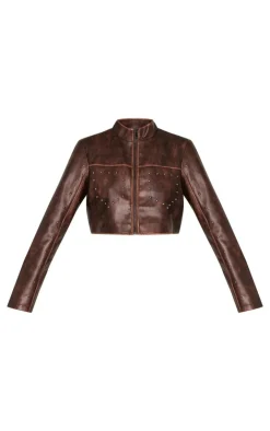 PrettyLittleThing Faux Leather Jackets*Faux Leather Studded Cropped Jacket