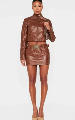 Discount PrettyLittleThing Faux Leather Studded Belt Detail Mini Skirt Brown