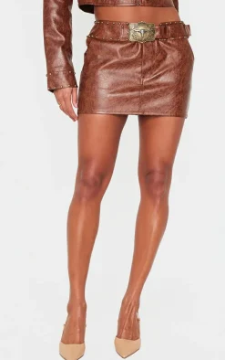 Discount PrettyLittleThing Faux Leather Studded Belt Detail Mini Skirt Brown