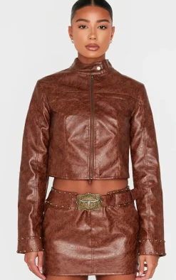 Discount PrettyLittleThing Faux Leather Studded Belt Detail Mini Skirt Brown