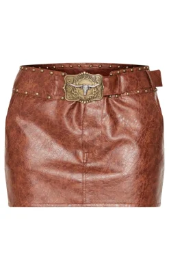 Discount PrettyLittleThing Faux Leather Studded Belt Detail Mini Skirt Brown