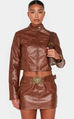 Online PrettyLittleThing Faux Leather Tie Detail Studded Biker Jacket Brown