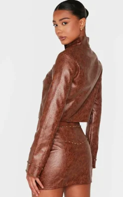Online PrettyLittleThing Faux Leather Tie Detail Studded Biker Jacket Brown