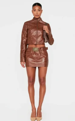 Online PrettyLittleThing Faux Leather Tie Detail Studded Biker Jacket Brown