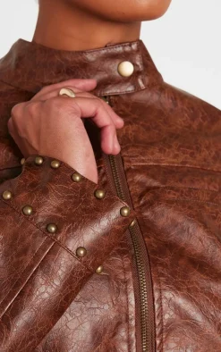 Online PrettyLittleThing Faux Leather Tie Detail Studded Biker Jacket Brown