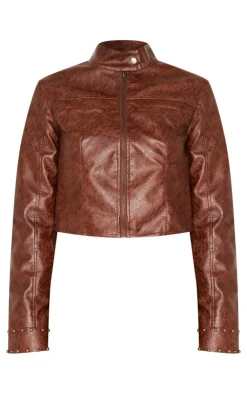 Online PrettyLittleThing Faux Leather Tie Detail Studded Biker Jacket Brown