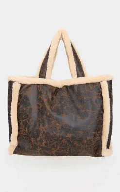 PrettyLittleThing Shoppers*Faux Leather Vintage Look Borg Tote Bag