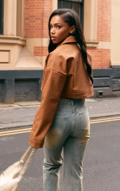 PrettyLittleThing Faux Leather Jackets*Faux Leather Western Detail Curved Hem Jacket