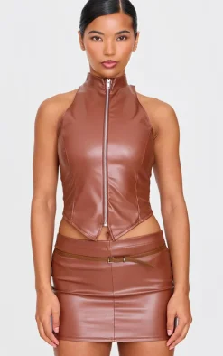 PrettyLittleThing Faux Leather Zip Up High Neck Top Brown