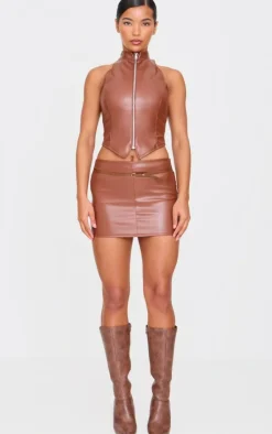 PrettyLittleThing Faux Leather Zip Up High Neck Top Brown