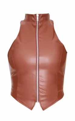 PrettyLittleThing Faux Leather Zip Up High Neck Top Brown