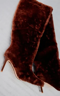 PrettyLittleThing High Heels*Faux Shearling Point Toe Knee High Heeled Boots