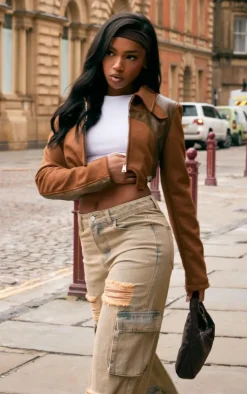 PrettyLittleThing Faux Leather Jackets*Faux Suede Contrast Faux Leather Western Look Cropped Jacket