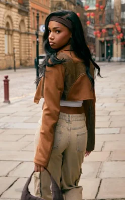 PrettyLittleThing Faux Leather Jackets*Faux Suede Contrast Faux Leather Western Look Cropped Jacket