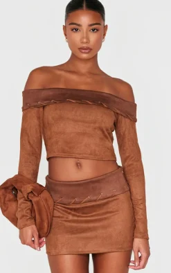 Sale PrettyLittleThing Faux Suede Contrast Foldover Stitch Detail Bardot Top Brown