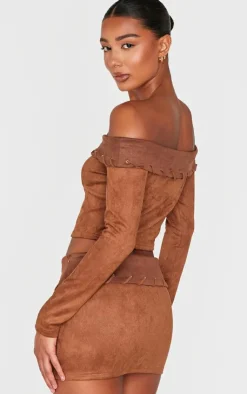 Sale PrettyLittleThing Faux Suede Contrast Foldover Stitch Detail Bardot Top Brown
