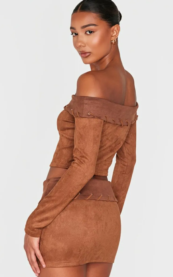 Sale PrettyLittleThing Faux Suede Contrast Foldover Stitch Detail Bardot Top Brown