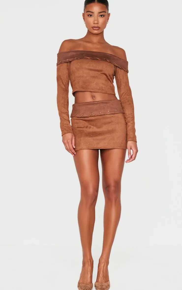 Sale PrettyLittleThing Faux Suede Contrast Foldover Stitch Detail Bardot Top Brown