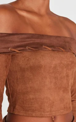Sale PrettyLittleThing Faux Suede Contrast Foldover Stitch Detail Bardot Top Brown