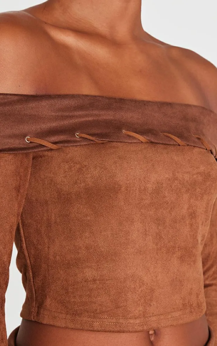 Sale PrettyLittleThing Faux Suede Contrast Foldover Stitch Detail Bardot Top Brown