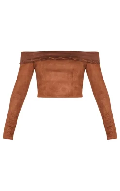 Sale PrettyLittleThing Faux Suede Contrast Foldover Stitch Detail Bardot Top Brown