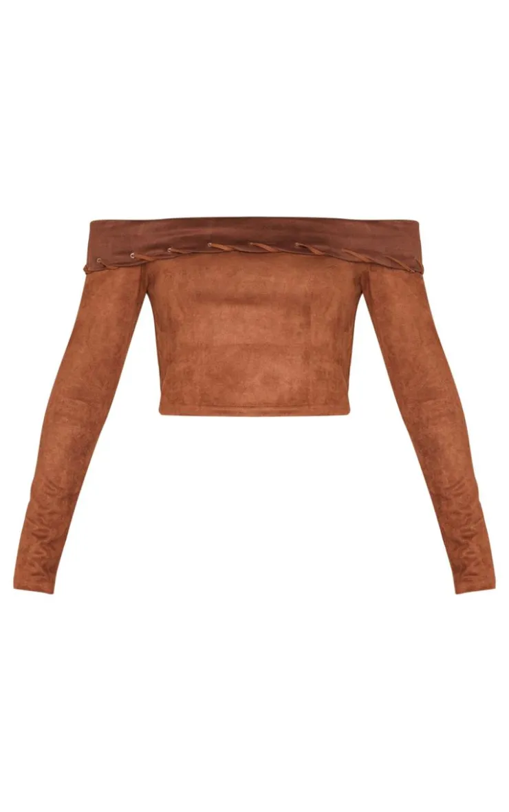 Sale PrettyLittleThing Faux Suede Contrast Foldover Stitch Detail Bardot Top Brown