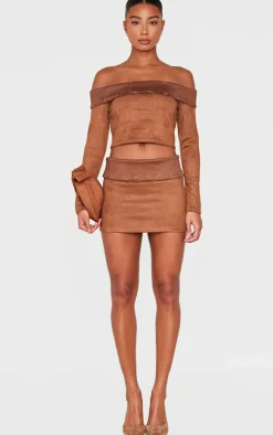 Discount PrettyLittleThing Faux Suede Contrast Fold Over Stitch Detail Mini Skirt Brown