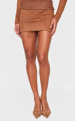 Discount PrettyLittleThing Faux Suede Contrast Fold Over Stitch Detail Mini Skirt Brown