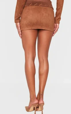 Discount PrettyLittleThing Faux Suede Contrast Fold Over Stitch Detail Mini Skirt Brown