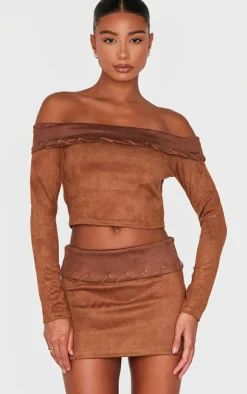 Discount PrettyLittleThing Faux Suede Contrast Fold Over Stitch Detail Mini Skirt Brown