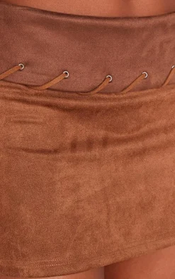 Discount PrettyLittleThing Faux Suede Contrast Fold Over Stitch Detail Mini Skirt Brown