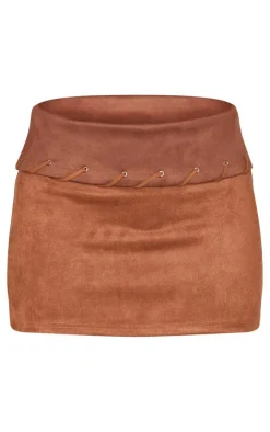 Discount PrettyLittleThing Faux Suede Contrast Fold Over Stitch Detail Mini Skirt Brown