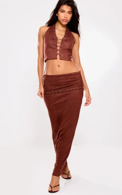 Discount PrettyLittleThing Faux Suede Eyelet Detail Halterneck Top Brown