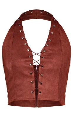 Discount PrettyLittleThing Faux Suede Eyelet Detail Halterneck Top Brown