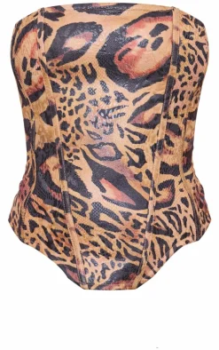 Best PrettyLittleThing Faux Suede Leopard Print Tie Back Corset Style Bandeau Brown