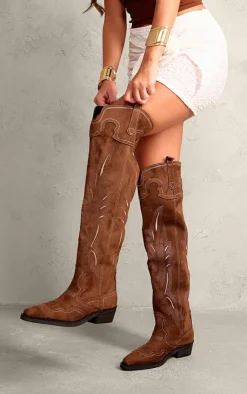 PrettyLittleThing Over The Knee Boots*Faux Suede Point Toe Contrast Stitch Over The Knee Western Boots